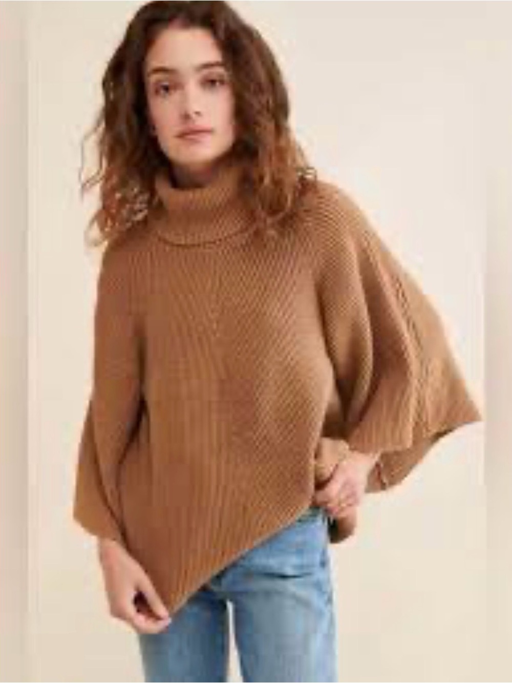 Anthropologie Camel Ribbed Turtleneck batman wing Poncho Sweater